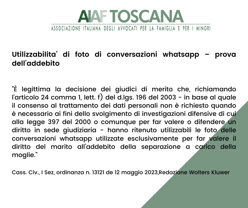 Rassegna Giurisprudenziale: Utilizzabilita’ di foto di conversazioni whatsapp – prova dell’addebito